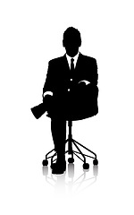 Image showing Corporate, sitting and silhouette of businessman by white background with ambition in professional job. Entrepreneur, working and chair in startup company, growth and development with pride in career