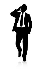 Image showing Silhouette, businessman and phone call by white background for networking and communication for deal. Lawyer, smartphone or talking of law case to client, advice or professional in legal consultation