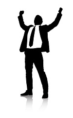 Image showing Silhouette, businessman and celebration by white background for success and promotion in corporate career. Entrepreneur, victory and excited for startup growth or sales and illustration of winning