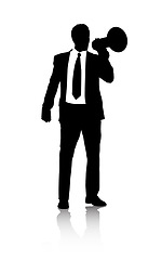 Image showing Businessman, suit and talking on bullhorn by white background and silhouette of working in corporate. Hr professional, broadcast or communication of recruitment or attention for hiring in abstract