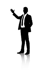 Image showing Silhouette, confidence or businessman by white background and illustration of presentation in corporate job. Professional consultant or abstract in startup company for training or mockup by backdrop