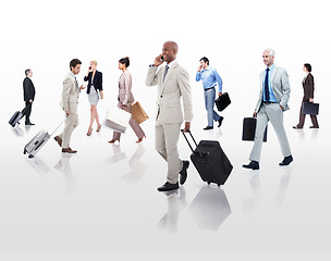 Image showing Suitcase, phone call and business people in white background, walking and professional with luggage for work. Employees, men and women rushing to trip, connecting and communicating with mobile