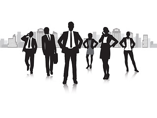 Image showing Professional, business people and silhouette of working in city and phone call in corporate job by white background. Entrepreneurship, talk and startup company for growth and pride in career in town