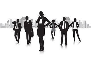 Image showing Professional, business people and silhouette of company in city and phone call in corporate job by white background. Entrepreneurship, talk and startup agency for growth and pride in career in town