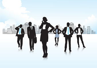 Image showing Professional, business people and silhouette of career in city and phone call for networking by blue background. Entrepreneurship, talk and startup agency for growth and development in job in town