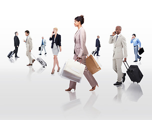 Image showing Business, group and people with phone call walking, suitcase and professional with luggage for work. Employees, men and women rushing to trip for job, connecting and communicating with mobile