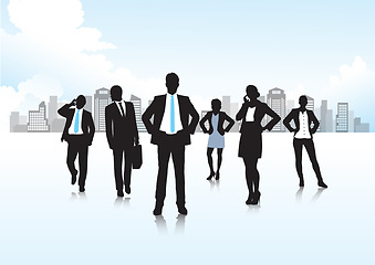 Image showing Professional, business people and silhouette of working in city and phone call for networking by blue background. Entrepreneurship, talk and startup agency for growth and development in job in town