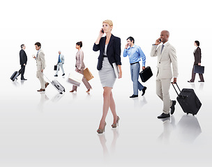 Image showing Business, phone and people in white background, walking and professional with luggage for work. Employees, men and women rushing to trip for job, connecting and communicating with mobile and call