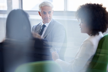 Image showing Business people, teamwork and meeting with discussion in office for corporate planning, networking and diversity. Professional, employees and collaboration in boardroom with lens flare and listening