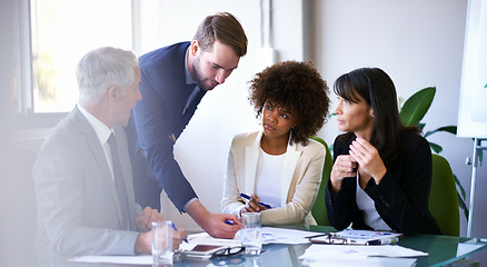 Image showing Business people, teamwork and meeting with brainstorming in office for financial review, listening and diversity. Professional, employees and collaboration in boardroom with lens flare and feedback