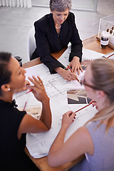 Image showing People, floor plan or civil engineering team drawing for development project and measuring on paper. Architecture, women or group of designers with ruler for sketching blueprint of office building