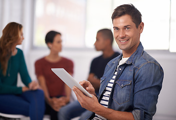 Image showing Portrait, happy and business man with tablet in office, startup or company for creative job in workplace. Face, professional and smile of entrepreneur with technology, coworking and editor in meeting