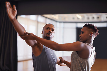 Image showing Art, creative or dance with student and teacher in class together for theater performance training. Fitness, learning and school with black man instructor teaching dancer in studio for production