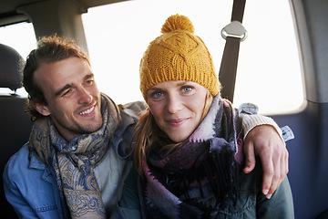 Image showing Happy couple, portrait and travel together in vehicle, camping and romantic getaway on honeymoon in outdoor. Man, woman and love on vacation on weekend break, adventure and affection on trip in woods