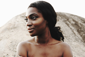 Image showing Black woman, thinking or vision of dermatology, skincare or idea of wellness, health or cosmetology. Glow, female person or inspired by memory of natural, organic or sunscreen as flawless skin makeup