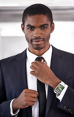Image showing Portrait, suit or businessman with smart watch for time technology or device for office schedule. Black man, formal outfit or screen display network gadget for futuristic applications or notification