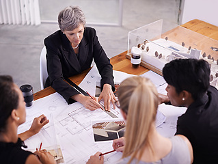 Image showing Women, floor plan or civil engineering team drawing for development project and measuring on paper. Architecture, people or group of designers with ruler for sketching blueprint of office building