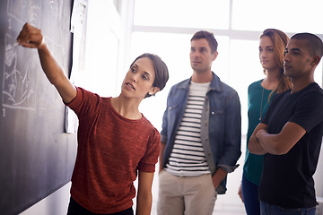 Image showing Board, planning and business people in meeting in office for creative project brainstorming for ideas. Discussion, teamwork and group of designers working in collaboration with research in workplace.