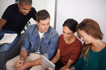 Image showing Friends, smile and tablet on sofa with discussion for social media post, streaming or web search. Group of people, couch and bonding with technology for internet, online film and relaxing together