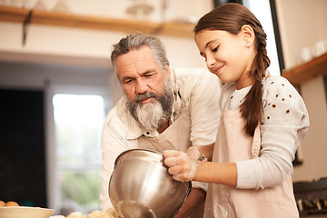 Image showing Girl, child and grandfather with baking in kitchen for cooking, mixing and teaching with support and helping. Family, senior man and grandchild with dough preparation in bowl for bonding and learning