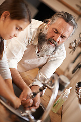 Image showing Grandfather, child and washing hands with water for hygiene in kitchen, skincare and health. Mature man, grandchild and liquid for protection against bacteria, learn and clean to prepare for cooking