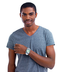 Image showing Portrait, black man or screen on smart watch technology or digital for schedule isolated on white background, Studio, arm or menu display network gadget for futuristic applications or notification