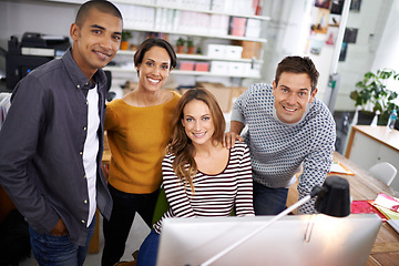 Image showing Startup, casual and portrait of people at desk, teamwork and digital branding or design on laptop or computer. Happy, employees and creative for designer company or agency, collaboration and top view