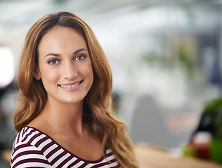 Image showing Woman, portrait and smile with office, startup and creative work or job. Designer, employee and workplace for career, internship or entrepreneurship with positive and happiness on blurred background