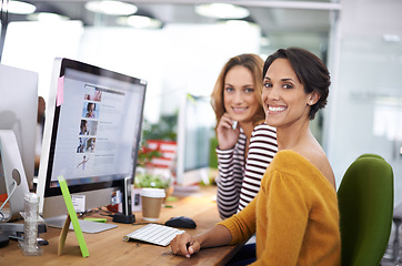 Image showing Computer, portrait and smile of business women in office at table in startup company for creative career. Face, coworking and happy team together, entrepreneur or professional web designer at desk