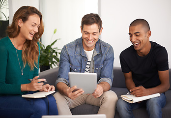 Image showing University, students and tablet on sofa for project research, funny post or social media break. Friends, college and technology with notebook for planning, brainstorming and laugh at comedy meme