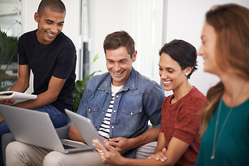 Image showing Computer, tablet and business people in meeting in office for creative project planning and brainstorming. Discussion, teamwork and designers working in collaboration with technology in workplace.