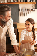 Image showing Girl, kid and grandfather with cooking in kitchen for mixing, baking and teaching with support and helping. Family, senior man and grandchild with dough preparation in bowl for bonding and learning