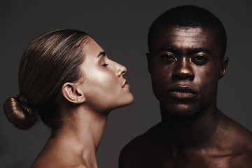 Image showing Interracial couple, face or love in skincare, dermatology or beauty as health, support or wellness. Black man, woman or glow as creative, aesthetic or diversity in bonding together on grey background