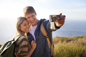 Image showing Selfie, vacation and couple in nature, happy and bonding for holiday, adventure and trip to Amsterdam. Outdoor, man and woman together for love in field for anniversary of girl and male person