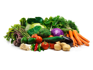 Image showing Groceries, harvest and vegetables in studio for nutrition, agriculture or healthy diet. Fresh food, ingredients and organic produce on white background for wellness, vegan lifestyle or sustainability