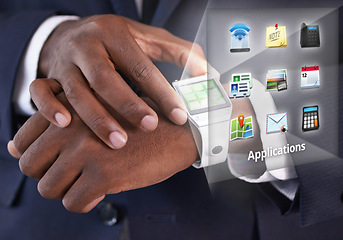 Image showing Hand, smart watch and futuristic display with icons for business networking or location, notes or email. Person, wrist and applications or technology for planning schedule, screen or notification