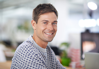 Image showing Portrait, happy and business man in office, startup or company for creative job in workplace. Face, person or smile of professional entrepreneur, employee or designer working on career in Australia