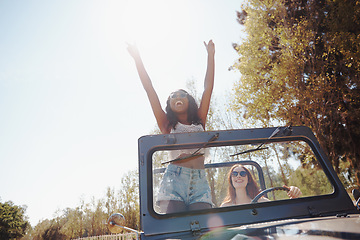 Image showing Happy women, excited and travel on road trip in nature and bonding together for adventure on holiday. Friends, driving and journey in convertible van on vacation, countryside and outdoor fun in texas