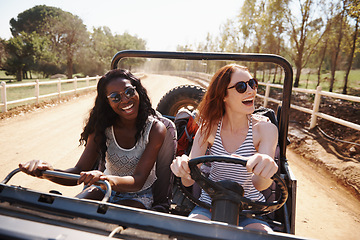 Image showing Happy women, laughing and vacation with road trip in nature and funny joke for adventure in outdoor. Friends, driving or journey in convertible van on holiday, countryside or bonding together by farm