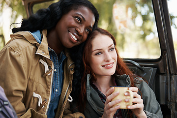 Image showing Happy women, coffee or relax on road trip in nature or travel adventure for leisure in countryside. Ladies, drinking and tea in suv on summer holiday, care and bonding together for tourism in texas