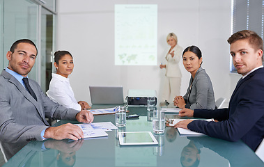 Image showing Presentation, business people and meeting with projector screen, portrait with planning and information in conference room. Data analysis, statistics and research for corporate project with team