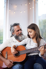 Image showing Mature man, girl or guitar as learning, music or training as creative practice for skill development. Retired teacher, student or instrument to mentor, guide or advice as song, bonding or together