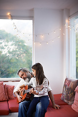 Image showing Old man, child or guitar as teaching, music or training as creative practice for talent development. Grandpa, kid or instrument as learning to mentor, guide or advice as song, bonding or together