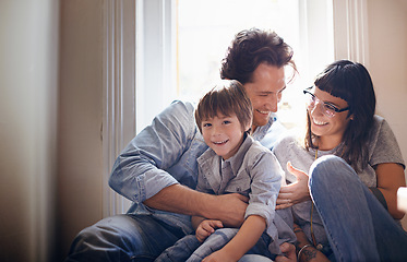 Image showing Portrait, laughing or family with child in home, house or apartment for support, care or love. Happy boy, funny mom or dad with kid or hug on holiday vacation, joke humor or relax together in England