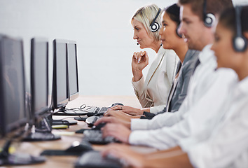 Image showing Help desk, phone call and row of women, men and typing on computer at customer support. Headset, telemarketing and client service agent at callcenter for online consultation, team and business people