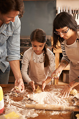 Image showing Mother, father and girl with flour for baking cookies in kitchen with dough, rolling pin and teaching with support. Family, parents and child with helping, learning and bonding with cooking for hobby