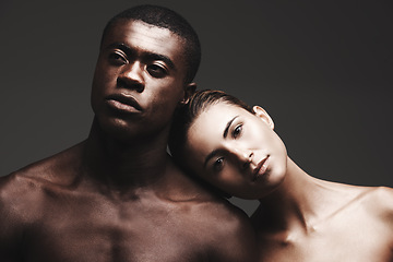 Image showing Portrait, balck man or woman in skincare, dermatology or beauty as health, wellness or love. Interracial couple, glow or face as healthy, aesthetic or diversity in bonding together on grey background