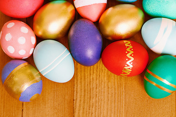 Image showing Easter, egg and pattern decoration for holiday season with sweet presents or festive vacation, present or dessert. Shell, handicraft and traditional candy for break in Canada, chocolate or sweets