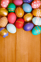 Image showing Easter egg, pattern and decoration design for chocolate season with presents or festive vacation, food or dessert. Shell, handcraft and traditional candy for break in Canada, wooden floor or sweets