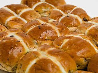 Image showing Hot cross, buns and easter or food vacation for traditional brunch or celebration baked goods, pastry or religion. Snack, meal and festive season fiber or nutrition dessert as treat, recipe or event